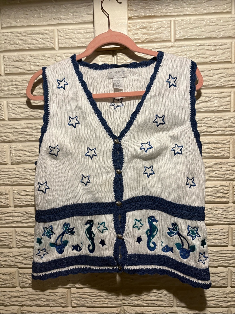 White Knit Seaside Embroidered Vest with Navy Trim